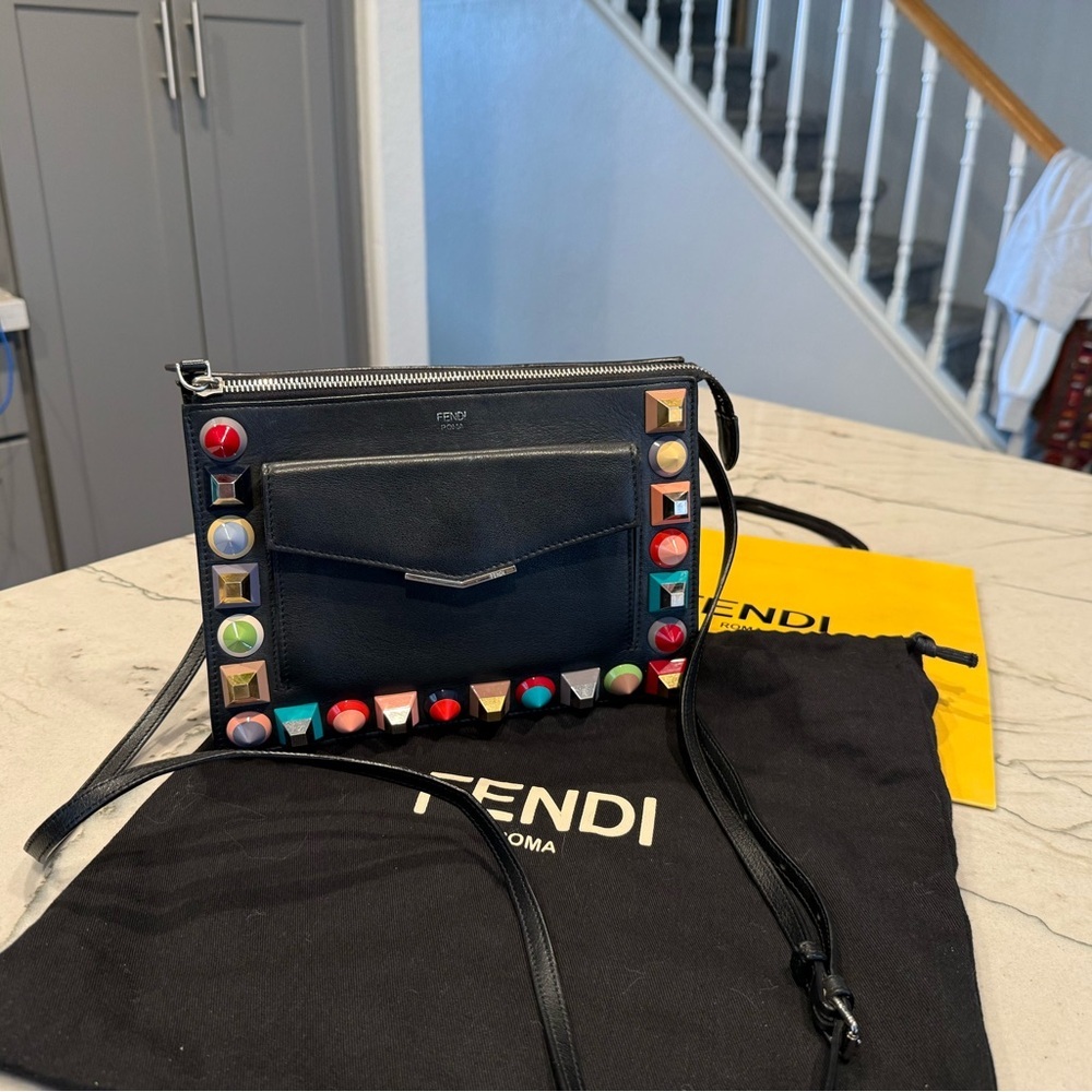 Fendi Vitello Dolce Studded Mini 2Jours Pouch Navy Multicolor Crossbody Clutch - Picture 3 of 16